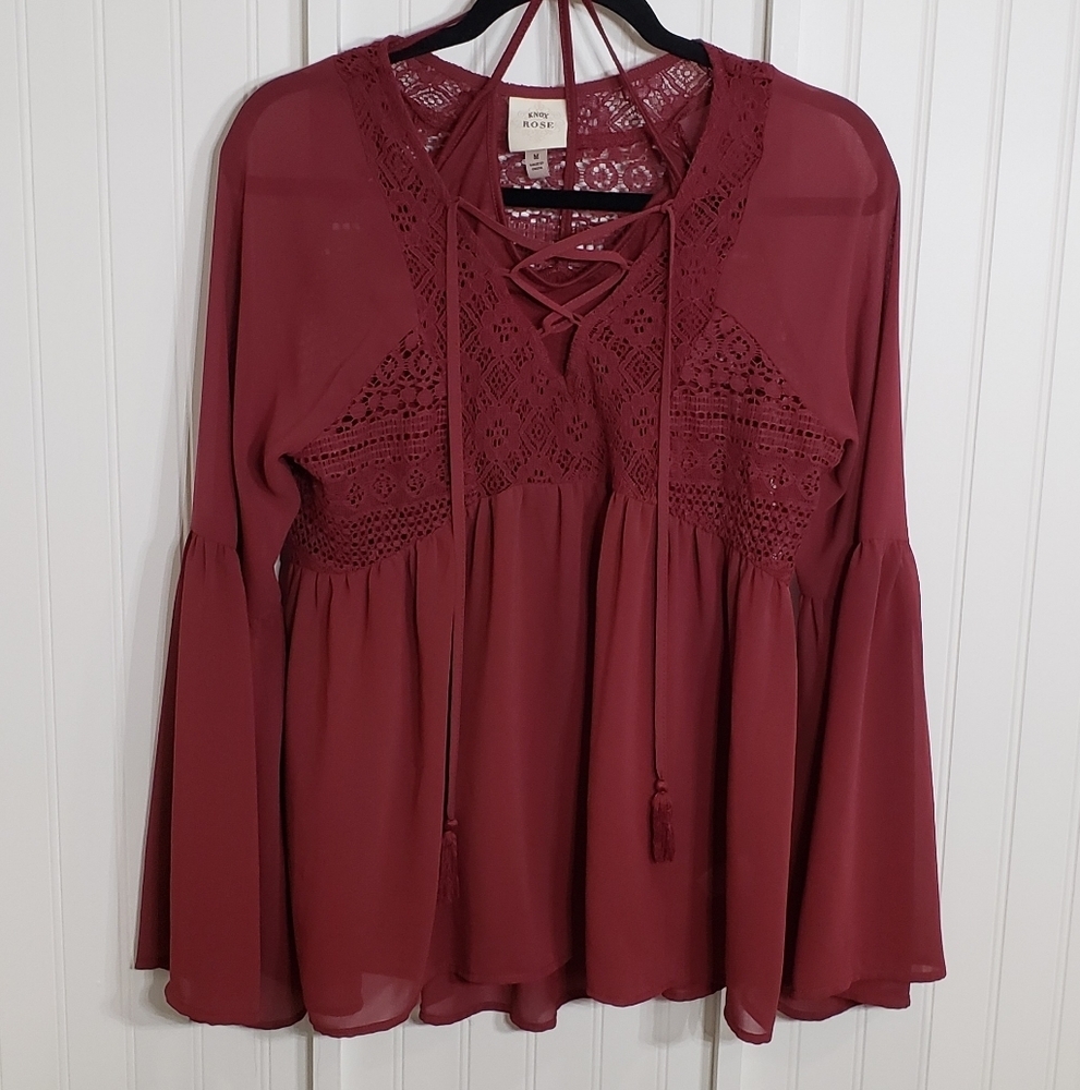 Knox Rose Boho Sheer Burgundy Tunic Hi Lo Crocheted Lace & Tassels & Cam…